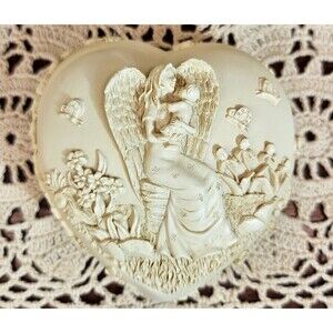 AngelStar 3D Angel w/ Child Lidded Heart Shaped Trinket Box Ceramic & Resin